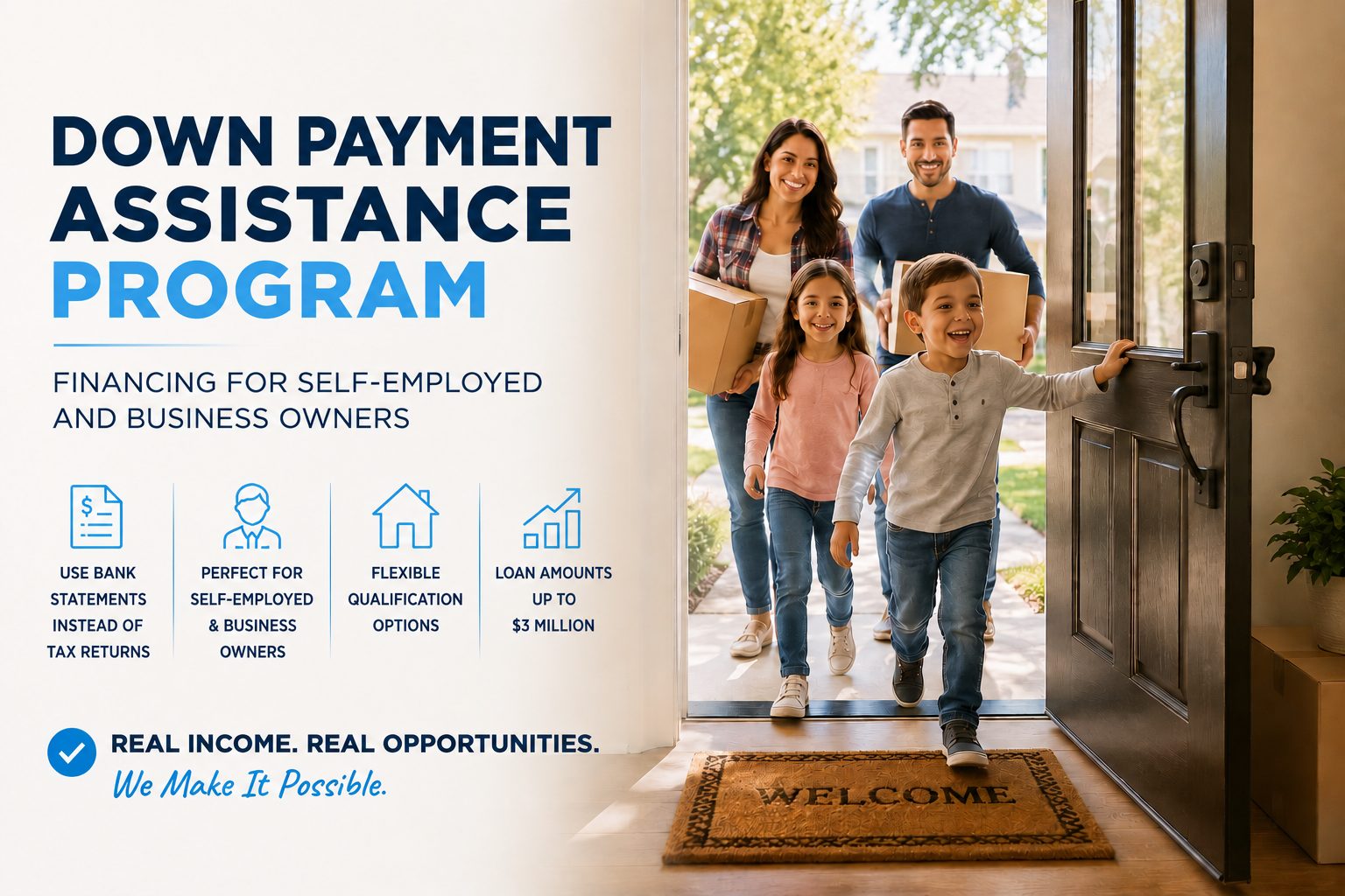 Young family opening the front door of their new home after purchasing with down payment assistance.