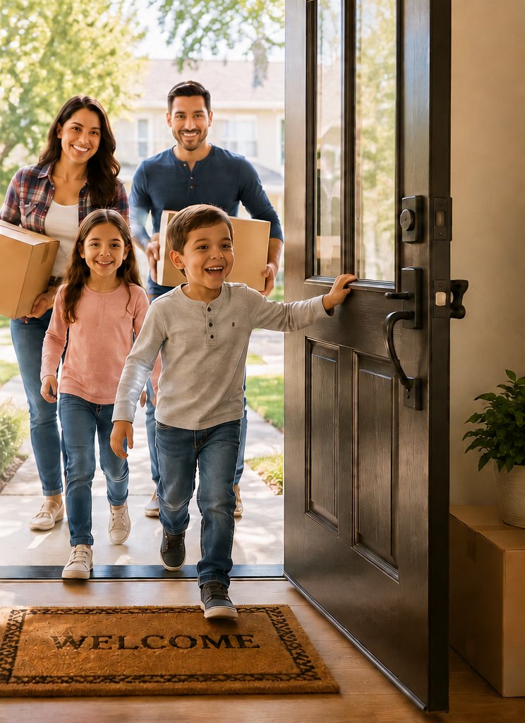Family walking through the front door while touring their future home