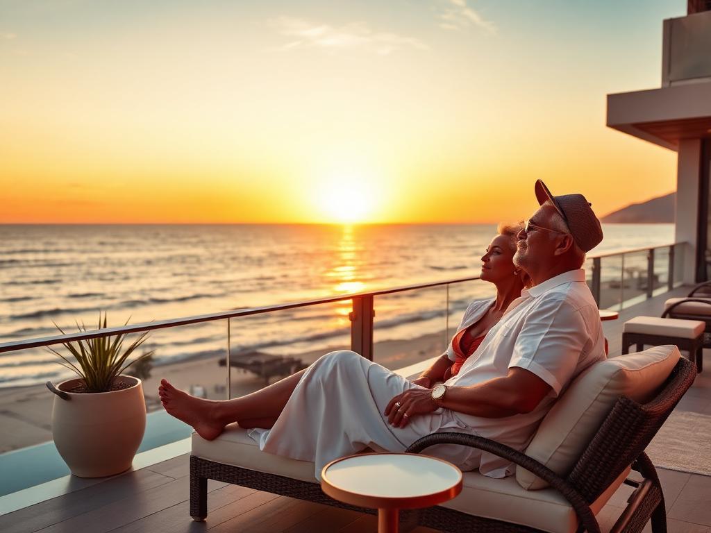 Mature couple relaxing on a premium beachfront terrace