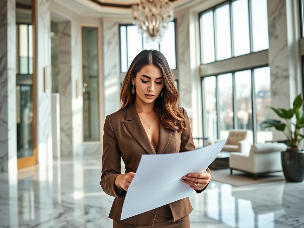 Real estate investor reviewing documents in a luxury interior