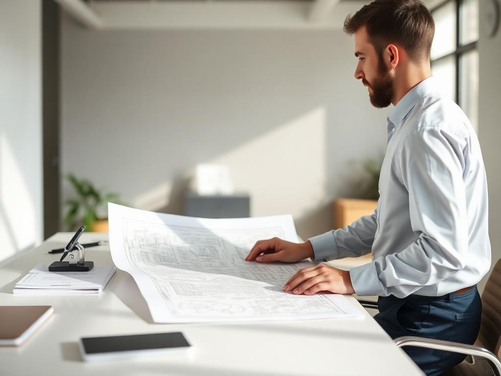 Business owner reviewing blueprints at a clean desk