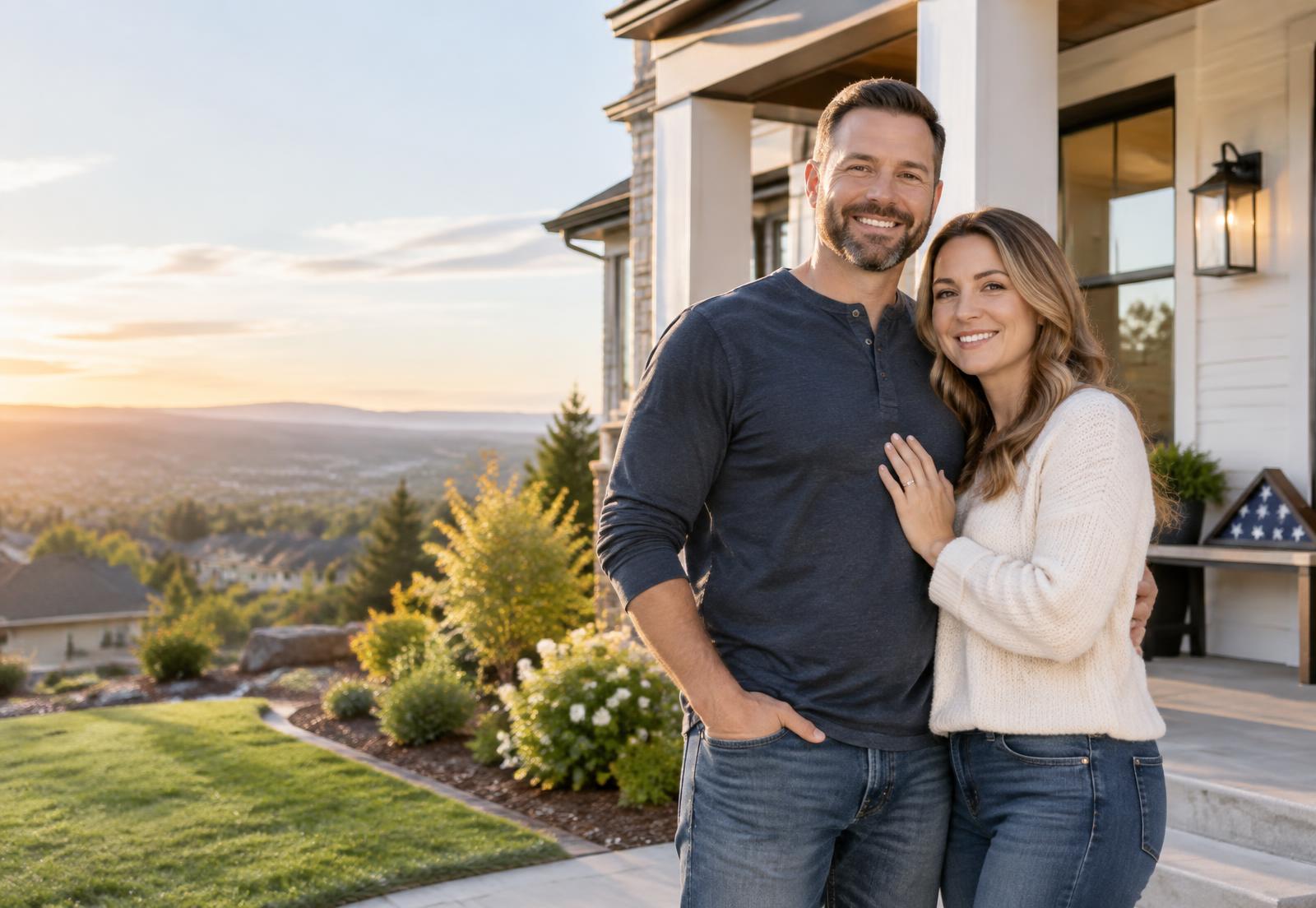 Veteran homeowners outside their home